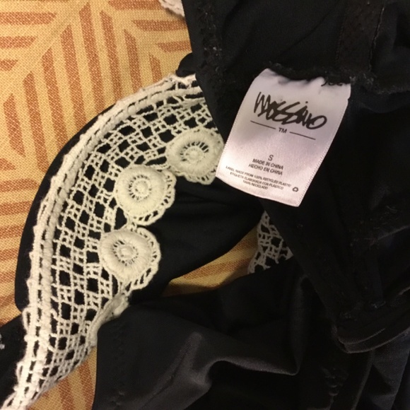 Black deep V halter swimsuit, cream crochet trim, size small - Picture 5 of 5